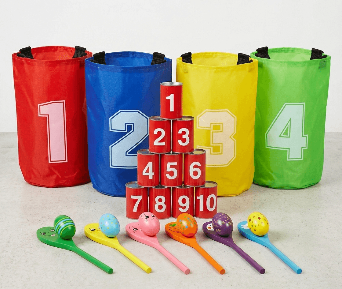 Kinder-Spiele-Set mieten – Dosenwerfen, Eierlauf & Sackhüpfen